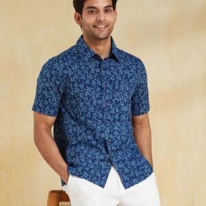 Indigo Cotton Dabu Printed Bush Shirt