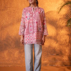 Onion Pink Patchwork Printed Boho Shirt