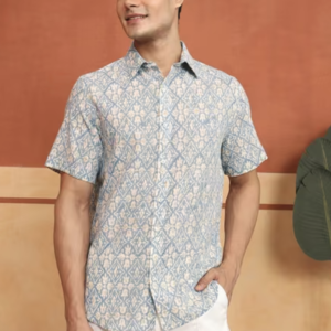 White-Blue Cotton Hand Block Printed Slim Fit Shirt