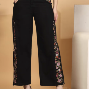 Embroidered Wide Leg Black Jeans