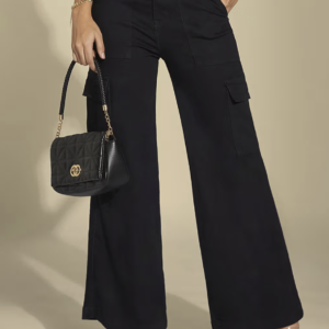 Women's Black Wide-Leg High-Rise Stretchable Denim Cargo Jeans